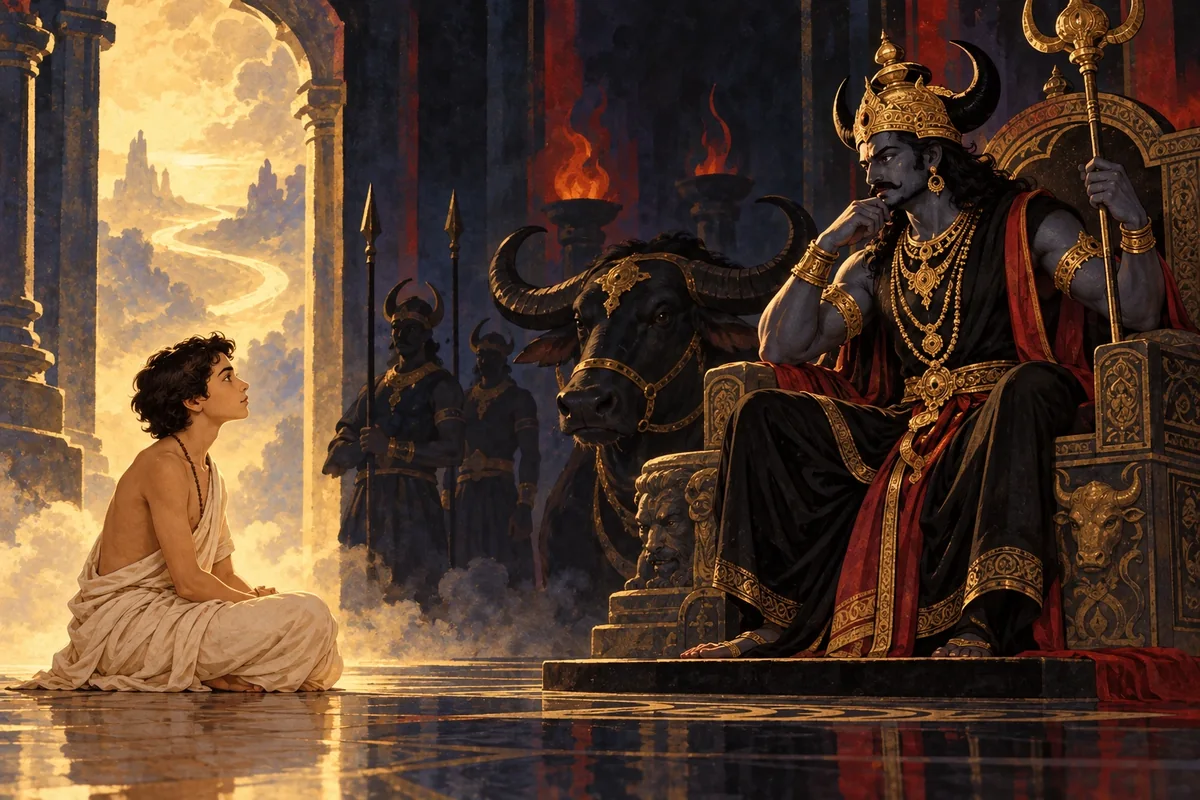 Young Nachiketa kneels before Yama, the lord of death, who sits on his throne beside a great black buffalo.